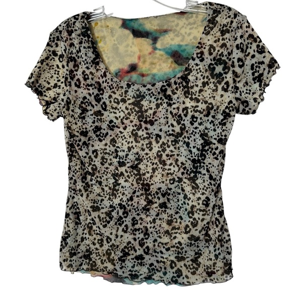 Sheer Animal Print Mesh Lettuce Hem Top Sz S/M - Picture 2 of 4